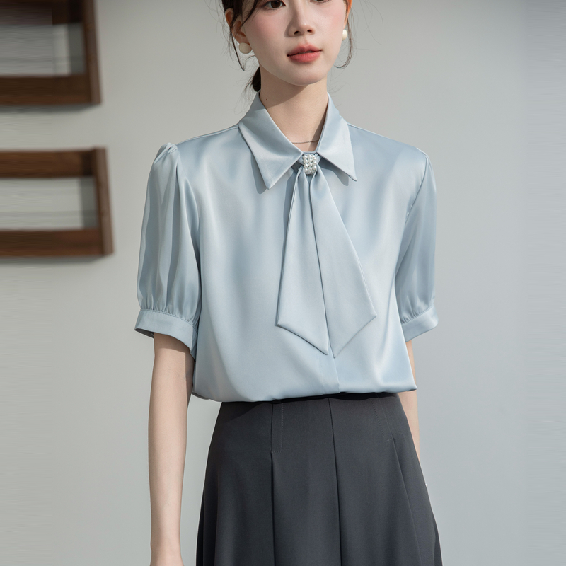 法式蓝色飘带衬衫女夏季小个子设计感职业装通勤教师教资面试装