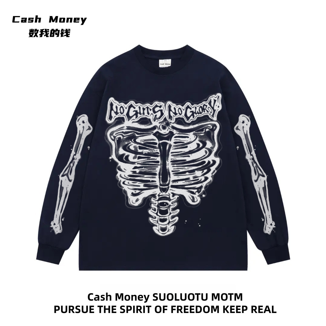 Cash Money数我的钱 美式高街骷髅印花T恤秋冬季套头长袖宽松潮牌