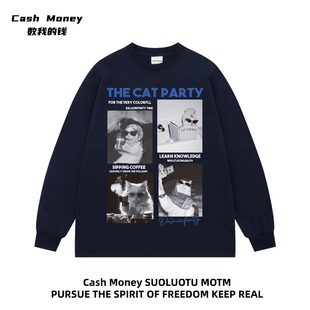 美式 钱 复古人物印花T恤重磅秋季 潮流长袖 Cash 打底衫 Money数我