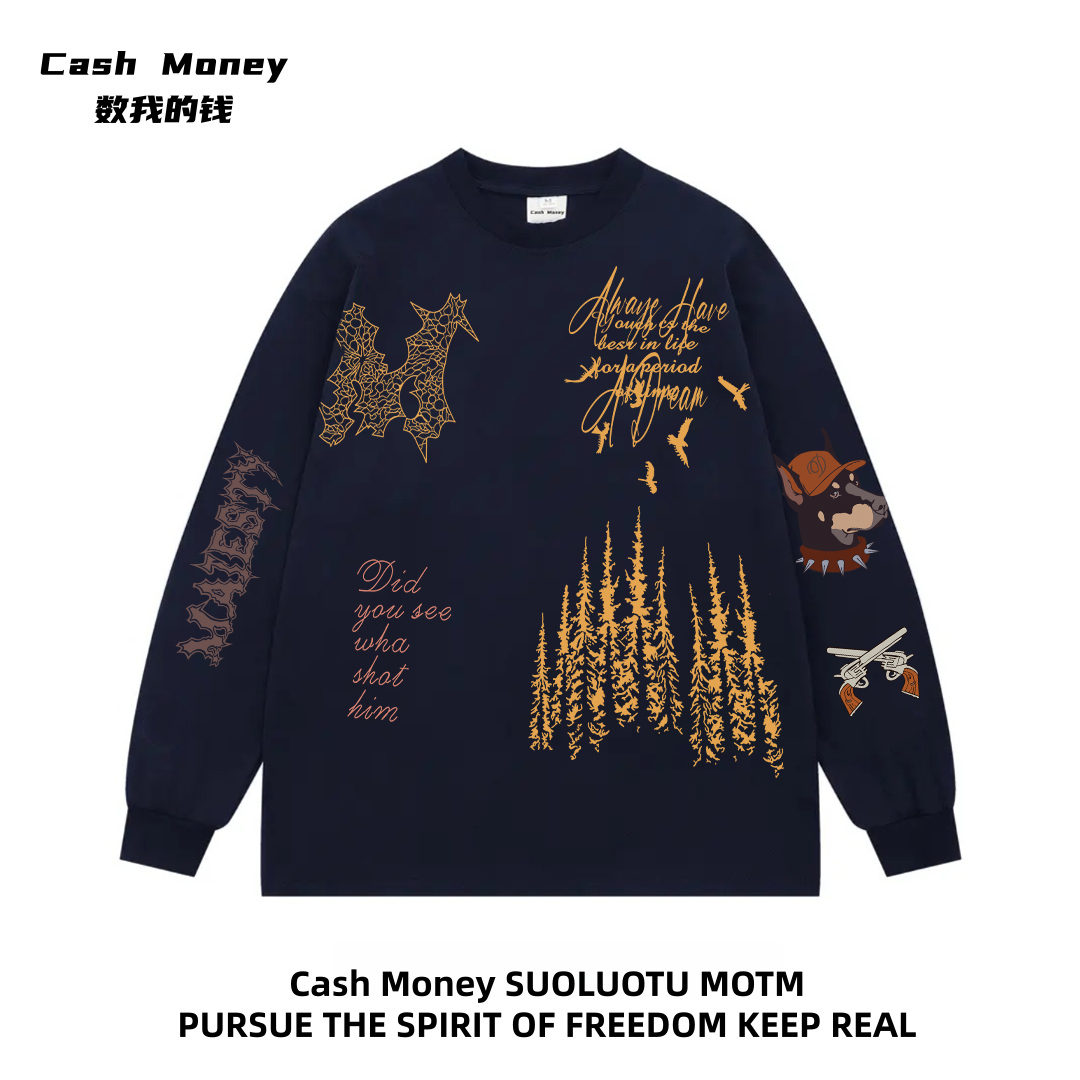 Cash Money数我的钱 美式复古设计感套头T恤长袖男女高街百搭上衣