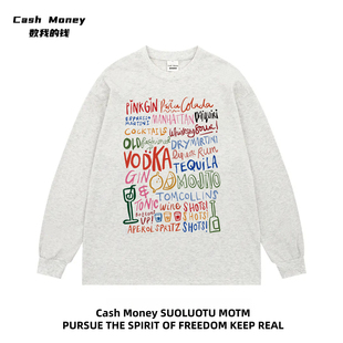 Money数我 oversize长袖 钱 字母印花T恤男女款 重磅潮牌 美式 Cash