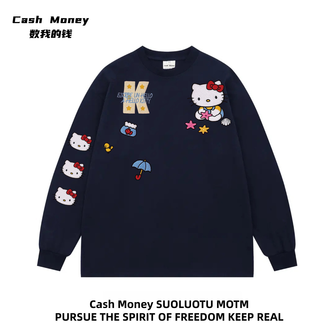 Cash Money数我的钱 美式Kitty猫印花长袖T恤男女百搭上衣ins休闲
