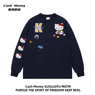 Kitty猫印花长袖 Cash 美式 钱 T恤男女百搭上衣ins休闲 Money数我