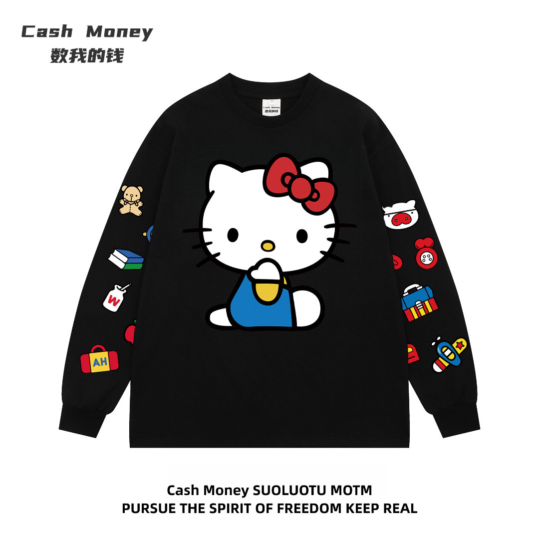 Cash Money数我的钱 美式潮牌kitty猫印花T恤秋冬长袖男女ins上衣
