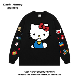 潮牌kitty猫印花T恤秋冬长袖 Cash 美式 钱 男女ins上衣 Money数我