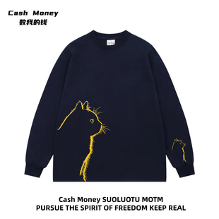 小猫印花长袖 T恤百搭纯棉上衣高街 男女春秋季