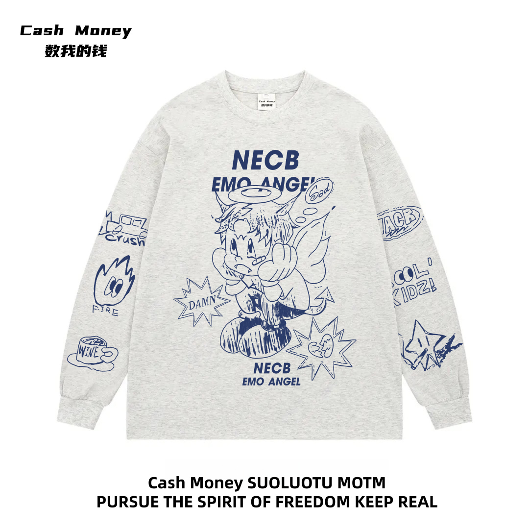Cash Money数我的钱 美式复古涂鸦长袖T恤印花秋冬新款慵懒风上衣
