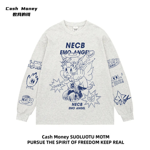 Money数我 T恤印花秋冬新款 钱 复古涂鸦长袖 慵懒风上衣 美式 Cash