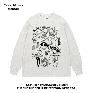 美式 T恤男女休闲百搭上衣设计感 趣味卡通长袖