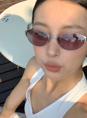 美式复古小框椭圆太阳镜街拍高级感女墨镜超轻金属太阳眼镜显脸小