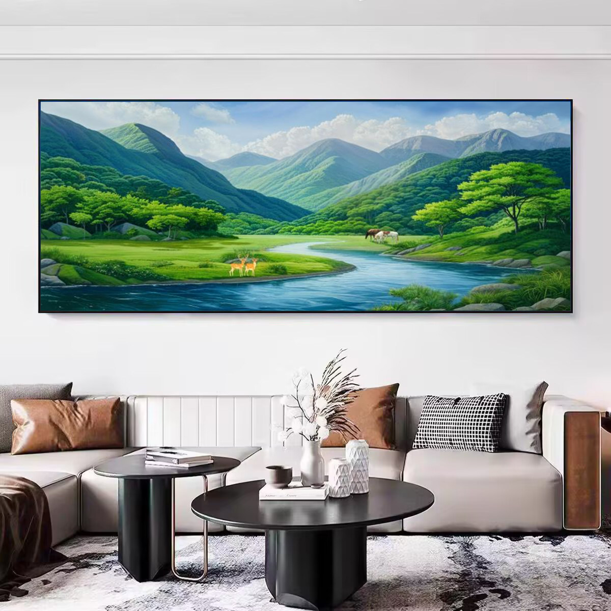 平静湖面青山绿水山水风景画客厅背景墙壁画招财风水画办公室挂画