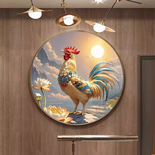 金鸡报晓玄关装饰画新中式圆形大公鸡挂画走廊过道风水画餐厅壁画