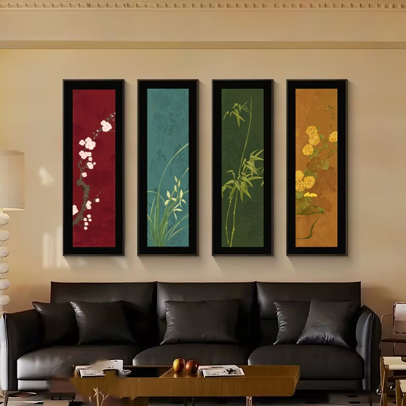 新中式梅兰竹菊客厅装饰画禅意四联水墨茶道国画书法山水有框挂画