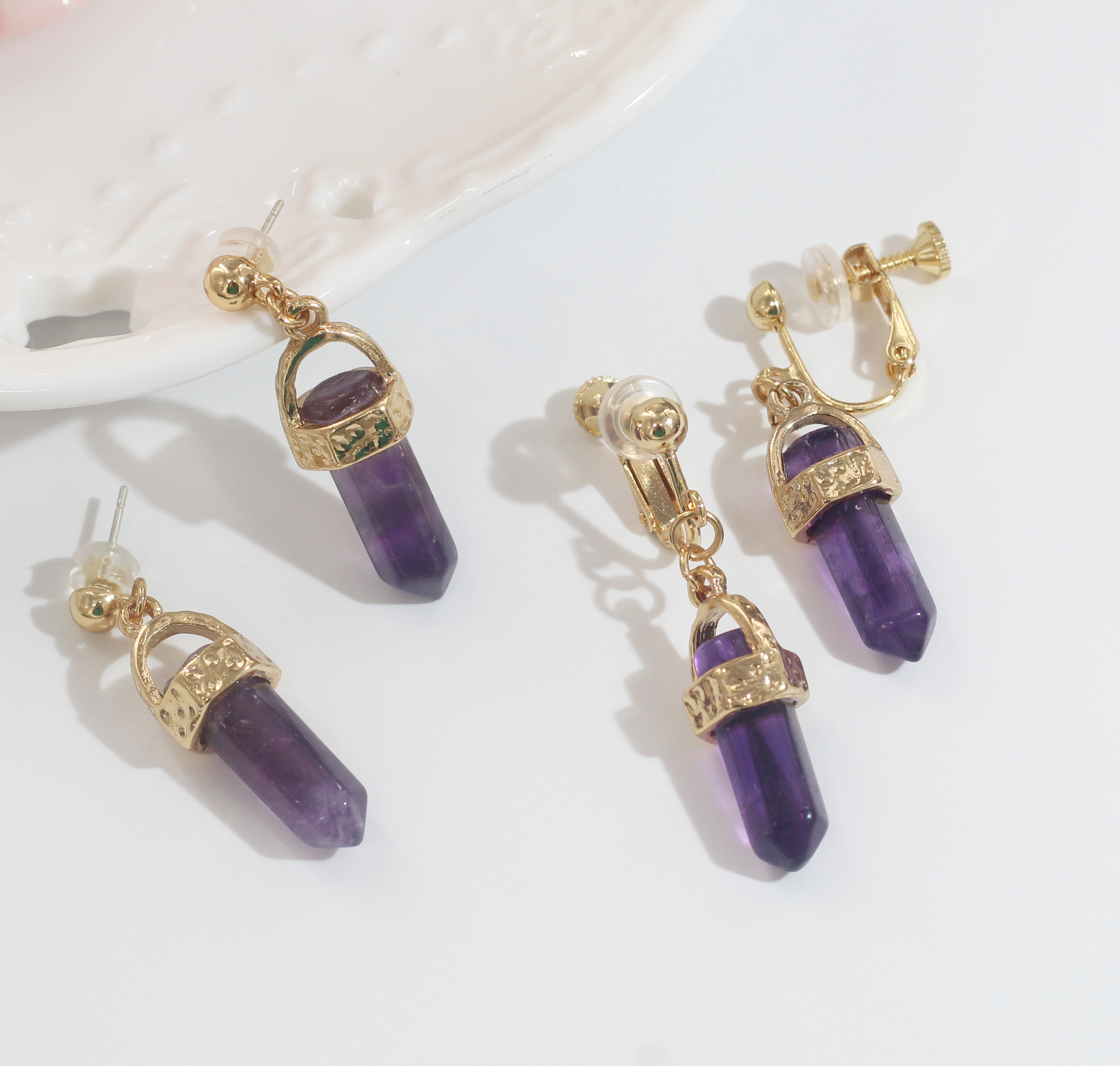 브라질 자수정 기둥 천연석 귀걸이 다목적 기하학 귀걸이 남여 스타일 조절 가능한 귀 클립  바늘 귀걸이