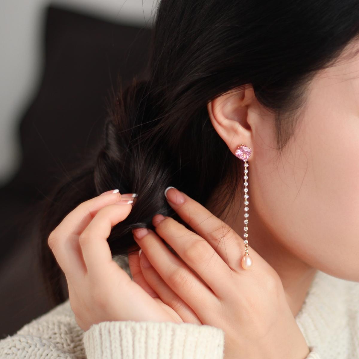 甜美风格淡水珍珠精工锆石耳饰淡水珍珠耳坠秋冬新款搭配大衣