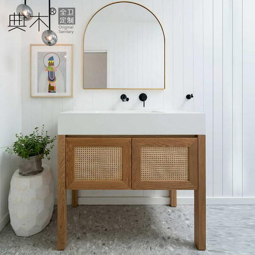 网红简美落地岩板藤编浴室柜日式