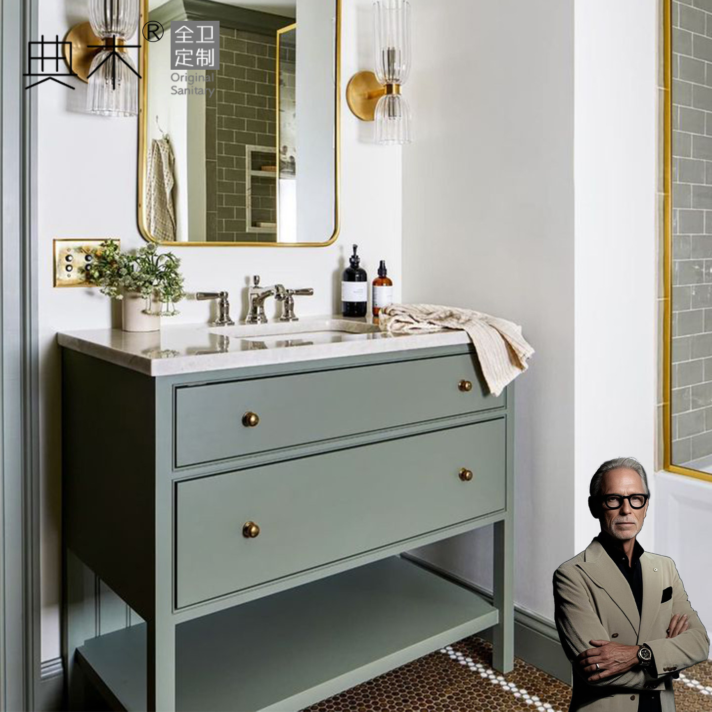 中古美式风落地浴室柜陶瓷一体盆洗漱台小户型卫生间高端轻奢新款