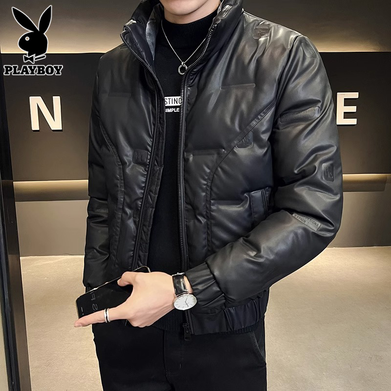 花花公子立领羽绒服男士冬季加厚保暖潮牌皮夹克外套男装2024新款