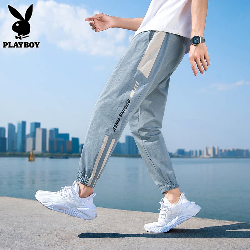 花花公子夏季冰丝休闲裤男士九分裤子宽松潮牌帅气束脚运动裤男款