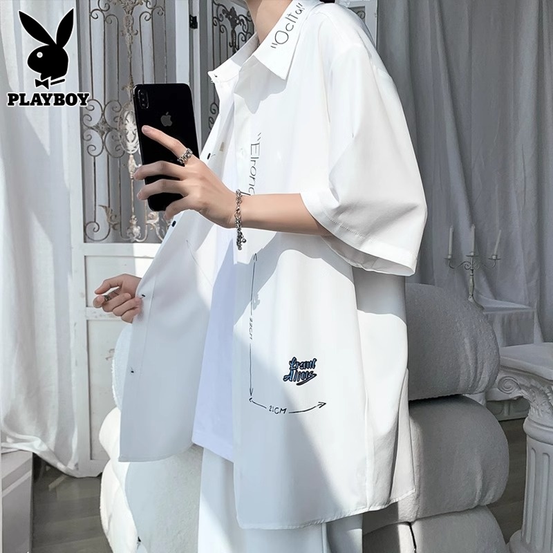 花花公子夏季短袖衬衫男士港风潮牌痞帅宽松休闲七分袖衬衣服男款