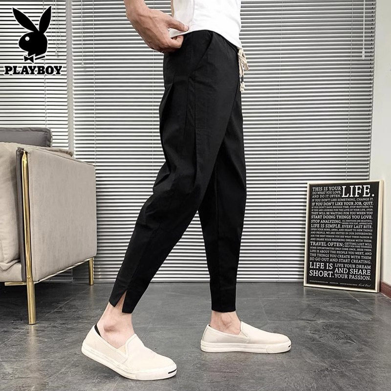 花花公子休闲裤男士夏季薄款潮流韩版修身小脚哈伦痞帅九分裤子男