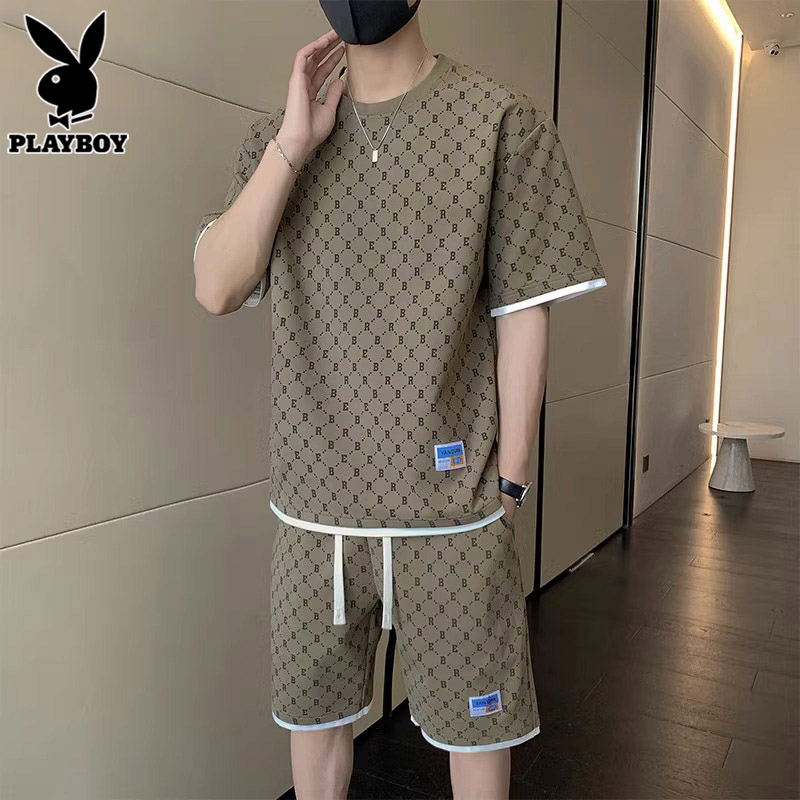 花花公子时尚套装男士夏季薄款宽松短袖短裤休闲运动帅气一套男装