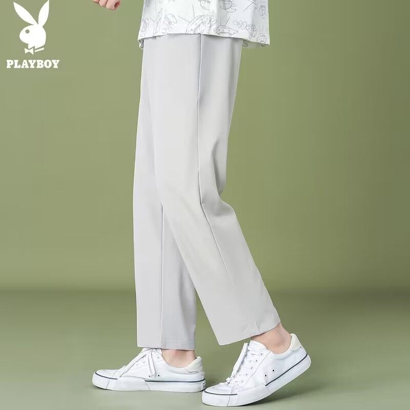 花花公子夏季薄款冰丝九分休闲裤男士宽松直筒垂感潮流长裤男裤子