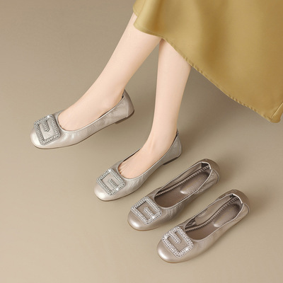 ZHR则则头层牛皮真皮水钻平底软底单鞋女春新款百搭懒人一脚蹬鞋