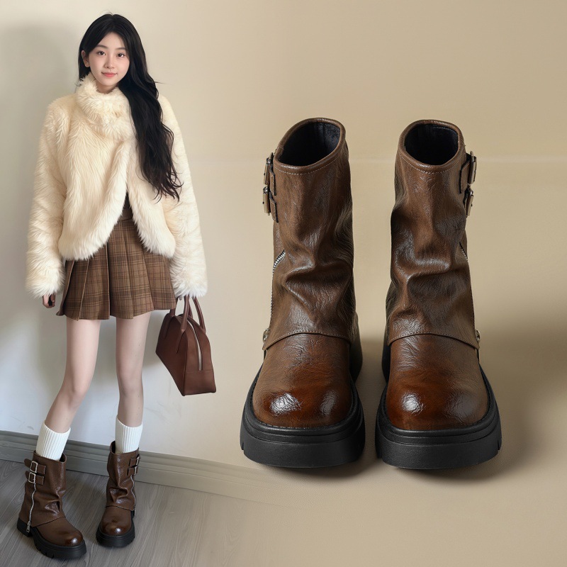 zhr则则潮酷厚底6cm短靴女靴子粗跟秋冬新款百搭西部牛仔靴骑士靴