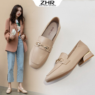 ZHR乐福鞋 小皮鞋 粗跟气质百搭休闲浅口方头单皮鞋 女春秋英伦时尚
