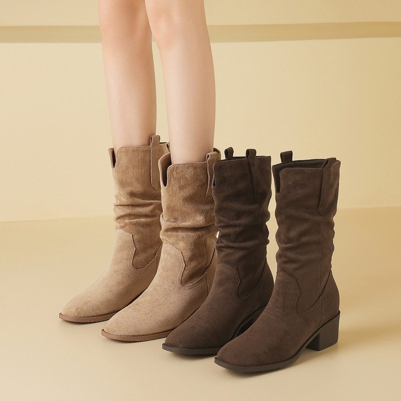 ZHR则则美拉德加绒长筒靴女冬季新款粗跟高跟鞋中筒百搭堆堆靴子,女鞋,棉鞋,淘宝优惠券,粉丝福利购,淘宝优惠卷