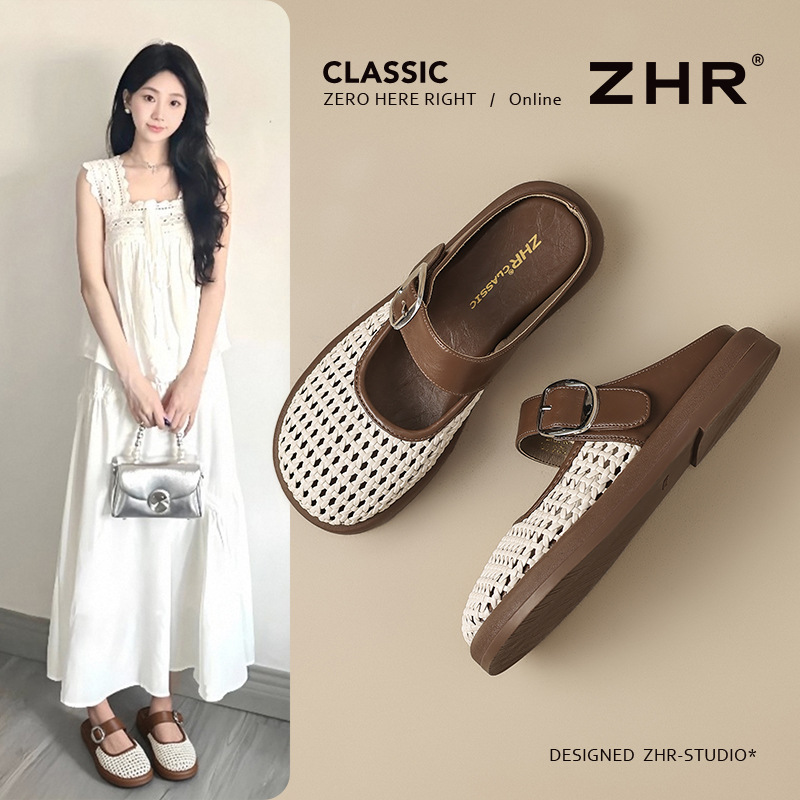 ZHR罗马编织凉鞋女平底外穿拖鞋超透气舒适豆豆鞋百搭沙滩休闲鞋