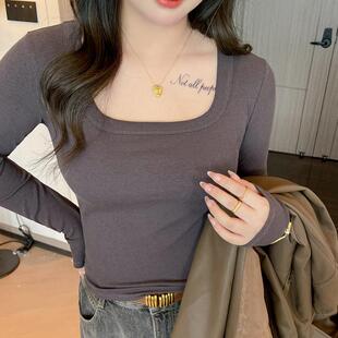 大码方领螺纹长袖打底衫女士莫代尔内搭春秋季可外穿正肩Tt恤上衣