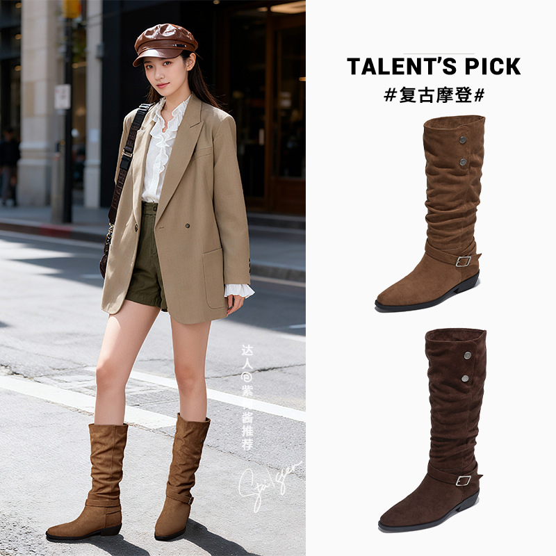 新款尖头靴子长筒靴女2025冬季粗跟骑士靴复古堆堆靴休闲百搭女靴