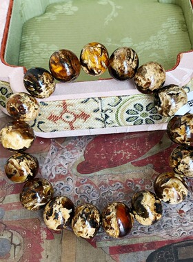 天然原矿14mm抚顺琥珀一级蜜蜡溶洞瓷白花手链琥珀蜜蜡手串25.33