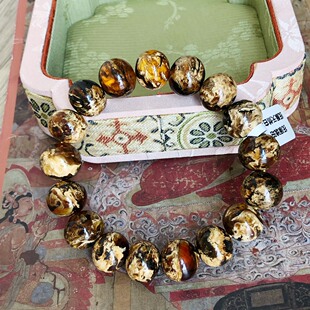 天然原矿14mm抚顺琥珀一级蜜蜡溶洞瓷白花手链琥珀蜜蜡手串25.33