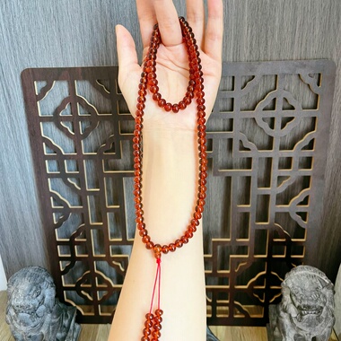 22.16克天然原矿7mm抚顺血珀一级牛血红琥珀蜜蜡佛珠手链项链念珠