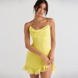 欧美连衣裙 dress2024堆堆领挂脖露背花边吊带短裙女 Heap collar