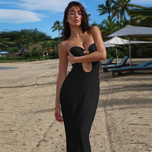 Sexy dress美式新款性感拼接钩扣镂空长款纯色御姐风裹胸连衣裙女