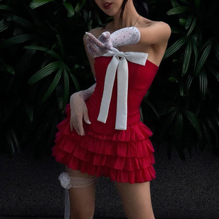 女 性感甜辣蝴蝶结抹背心拼接荷叶公主短裙套装 SUIT ins欧美风新款