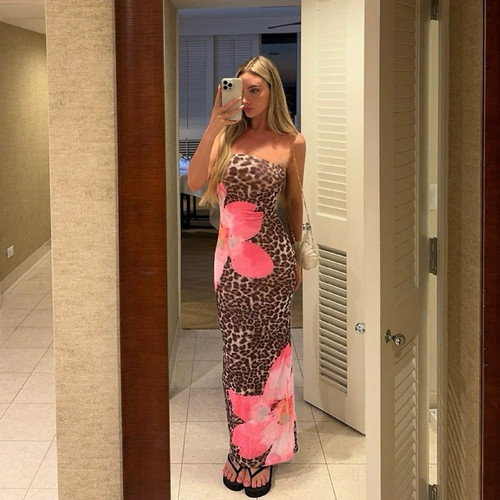 DRESS新款气质豹纹花朵抹胸连衣裙女 名媛风时尚性感修身显瘦长裙