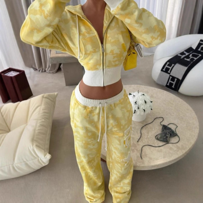 美式街头嘻哈撞色收腰迷彩特色连帽卫衣休闲直筒卫裤两件套套装女