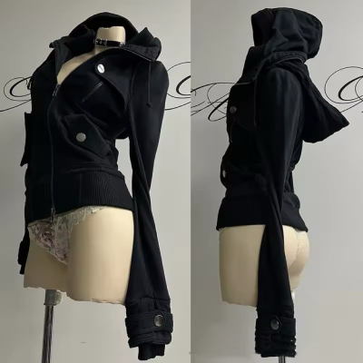 coat跨境新款美式时尚修身显瘦毛绒帽檐连帽拉链开衫外套收腰上衣