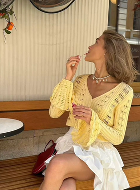 Sweater cover欧美复古风花朵图案针织圆领修身长袖毛衣罩衫女生