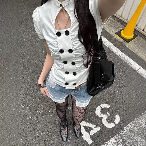 Top美式复古工装风口袋翻领衬衫女装修身收腰显瘦长袖短袖上衣女