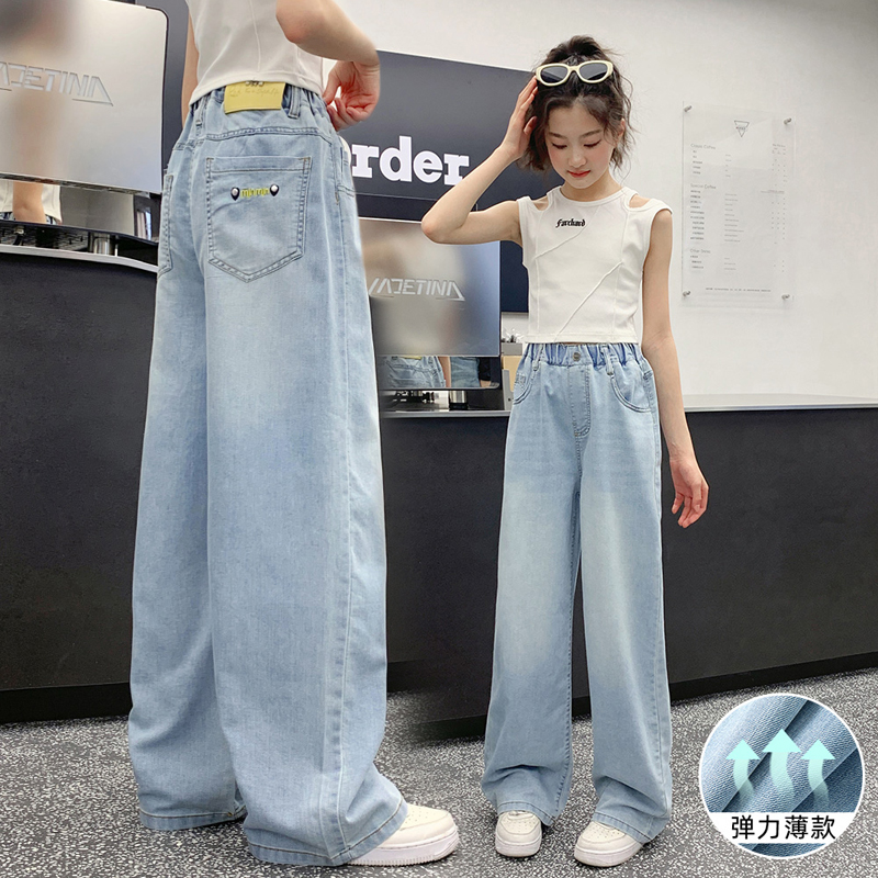 女童牛仔裤夏季薄款宽松直筒天丝浅蓝色夏天透气长裤小学生中大童