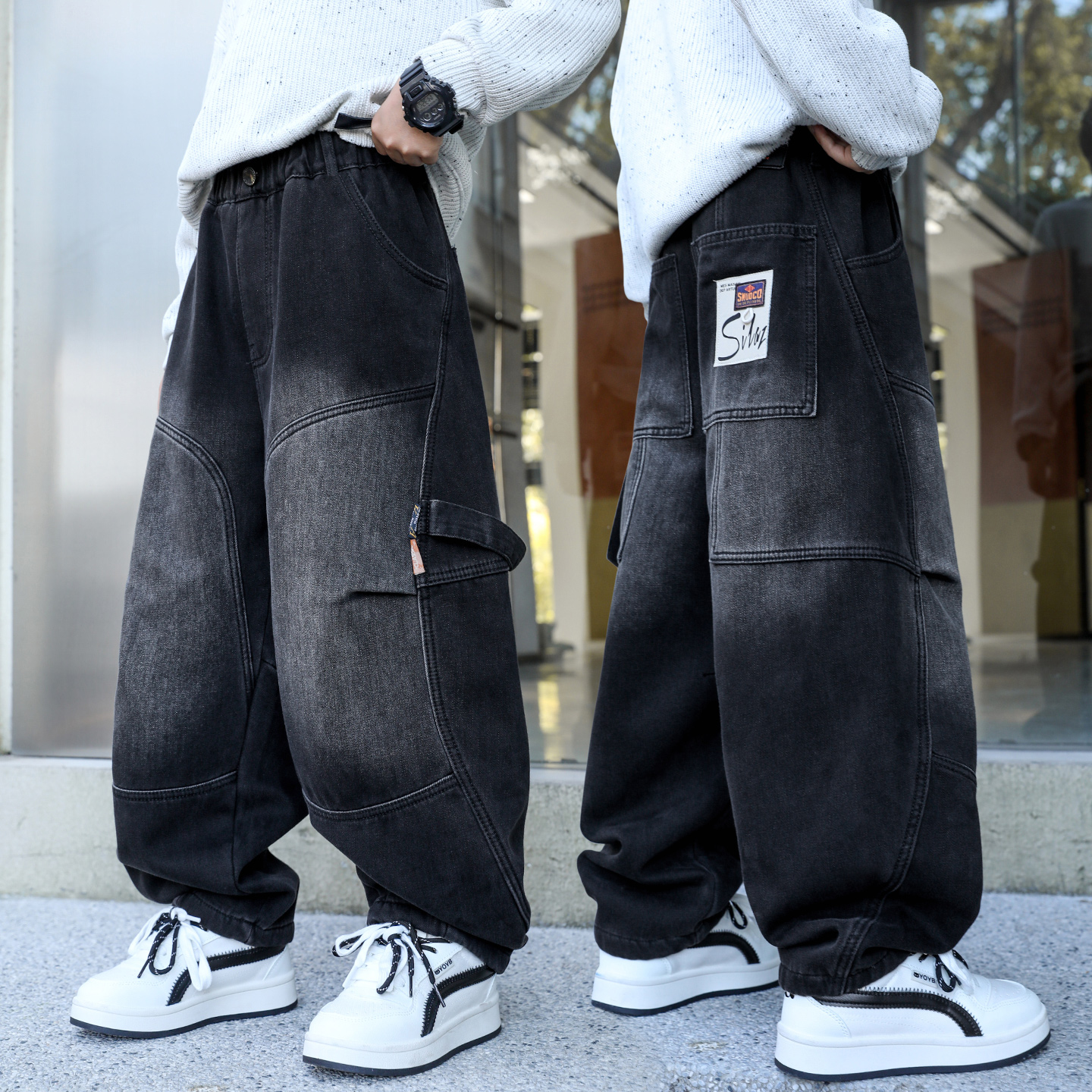 男童加绒裤子儿童牛仔加厚一体男大童直筒黑色初中生秋冬装季休闲