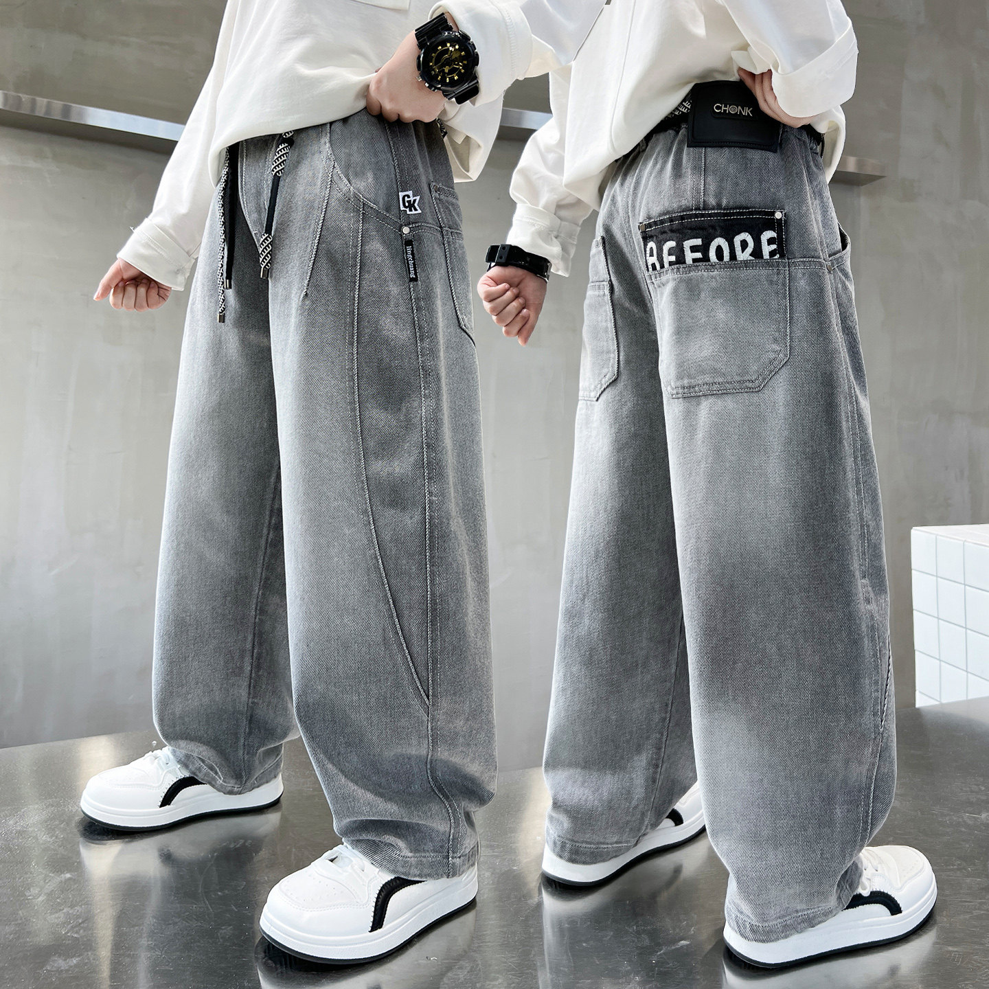 儿童裤子春秋新款直筒弯刀男童牛仔裤中大童长裤休闲宽松男孩春装