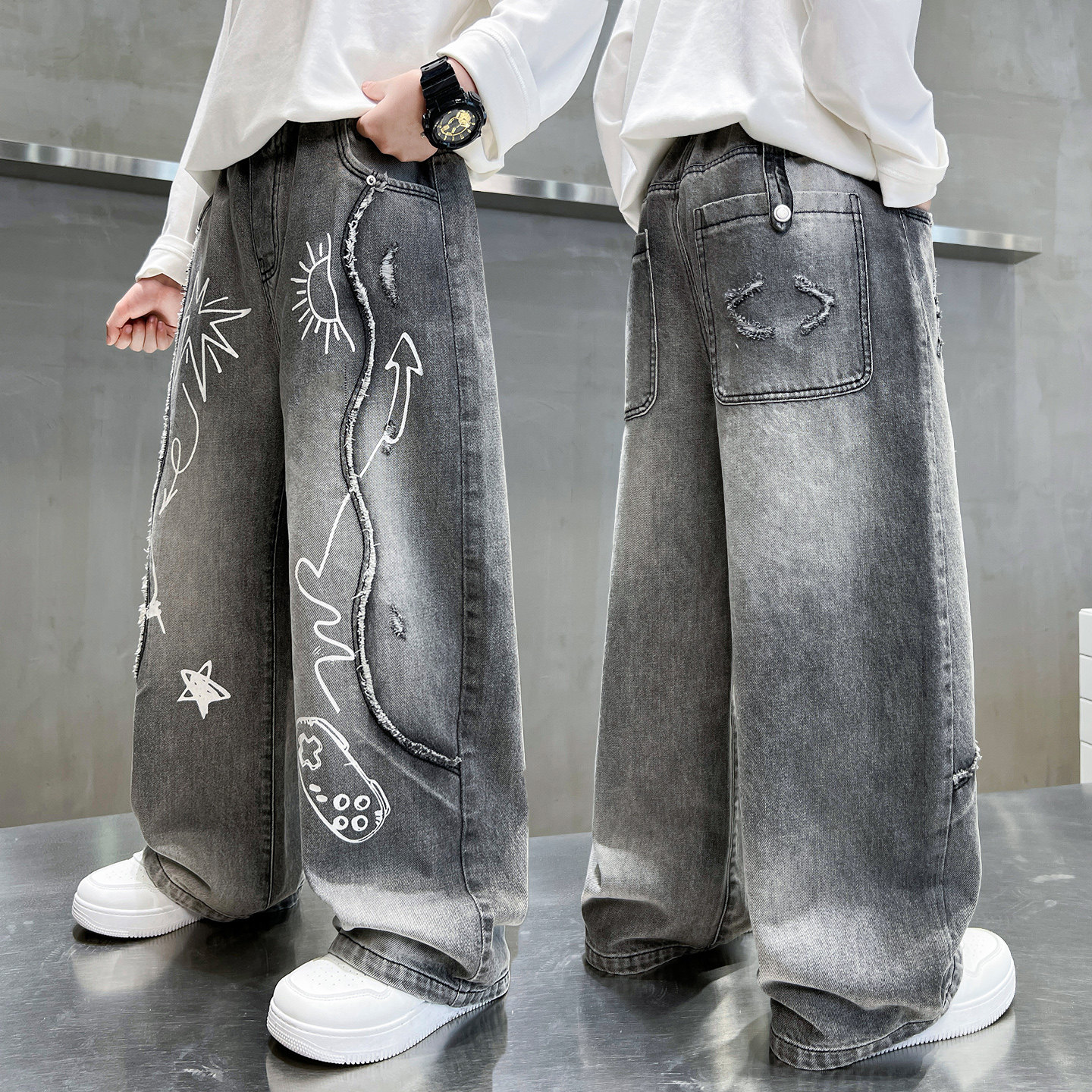 男童牛仔裤春秋新款直筒时髦儿童裤子中大童长裤休闲男孩春季宽松