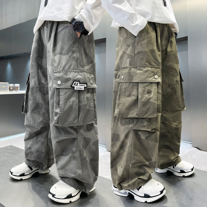 儿童迷彩休闲工装裤男童裤子春秋款薄装季胖孩阔腿新款中大童潮牌